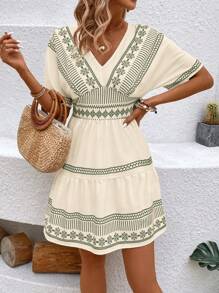 Breezaya Women's V-Neck Floral Print Ruffled Hem Short Dress, Vacation & Beach Outfit For Summer - Green - View 4