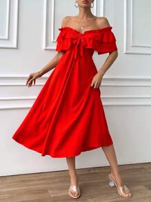 EURMUSE Off Shoulder Frill Knot Layered Gathering Dess - Red - View 7