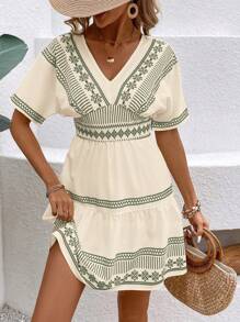 Breezaya Women's V-Neck Floral Print Ruffled Hem Short Dress, Vacation & Beach Outfit For Summer - Green - View 3