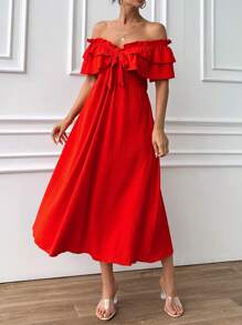EURMUSE Off Shoulder Frill Knot Layered Gathering Dess - Red - View 6