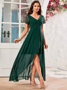Contrast Lace V-neck High Low Hem Chiffon Bridesmaid Dress - Dark Green - View 7