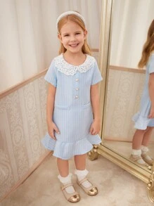 SHEIN Kleine Mädchen urban elegantes blaues Kleid mit Peter Pan Kragen, Spitze und kurzen Ärmeln für den Sommer