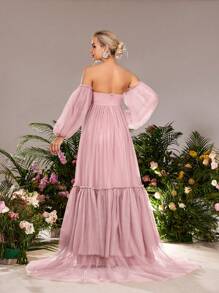 Faeriesty Dressalisa Maternity Off Shoulder Ruffled Mesh Formal Prom Dress - Pink - View 2
