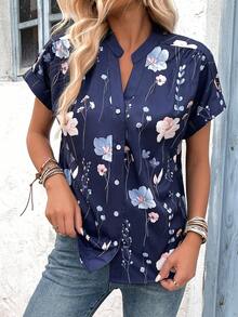 EMERY ROSE Cổ áo có nút phía trước in hoa Áo kiểu dáng rộng vừa vặn cho mùa hè - Màu xanh hải quân - Xem 3