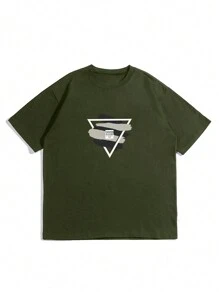 男士三角形和字母圖案T恤 - 軍綠色 - 查看 4