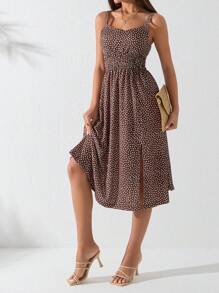 EURMUSE Women Polka Dot Striped Half Slit Detailed Long Dress - Brown - View 3