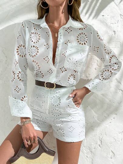 SHEIN Cottnline Conjunto de camisa de malla de moda para mujer transparente de manga larga y pantalones cortos