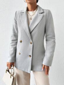 SHEIN Cottnline Women's Solid Color Double-Breasted Long Sleeve Blazer - Light Grey - View 3