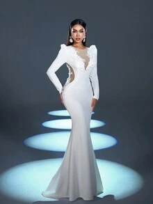 Faeriesty Applique Detail Plunging Neck Cut Out Waist Mermaid Dress - White - View 3