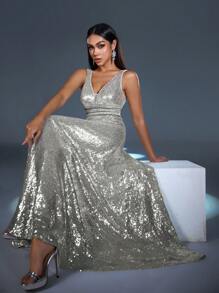 Faeriesty Fashionable Party Deep V-Neck Backless Sequin Dress - Silver - View 1