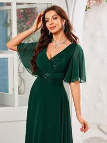 V 领亮片缀饰雪纺新娘母亲优雅连衣裙 - 墨綠色 - 查看 8