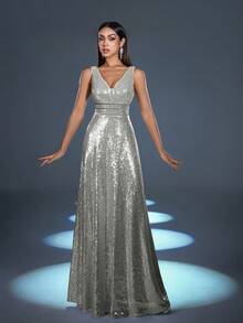 Faeriesty Fashionable Party Deep V-Neck Backless Sequin Dress - Silver - View 5