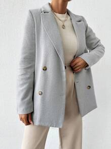SHEIN Cottnline Women's Solid Color Double-Breasted Long Sleeve Blazer - Light Grey - View 5