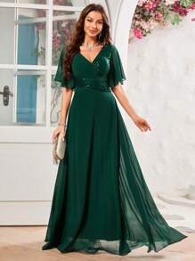 V 领亮片缀饰雪纺新娘母亲优雅连衣裙 - 墨綠色 - 查看 5