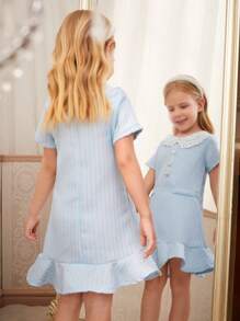 SHEIN Kleine Mädchen urban elegantes blaues Kleid mit Peter Pan Kragen, Spitze und kurzen Ärmeln für den Sommer