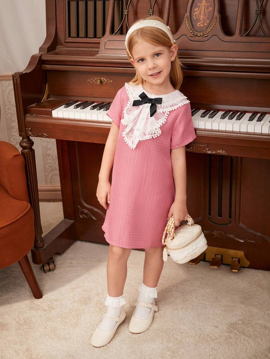 夏季城市優雅的年輕女孩兩色波浪邊領裙裝 - 粉色 - 查看 1