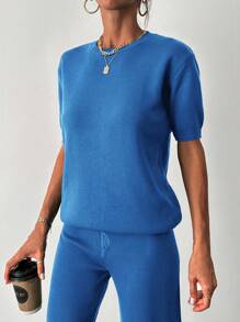 SHEIN Cottnline Women's Solid Color Short Sleeve Knit Top And Knit Pants Two-Piece Set - Blue - View 4