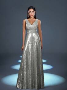 Faeriesty Fashionable Party Deep V-Neck Backless Sequin Dress - Silver - View 6
