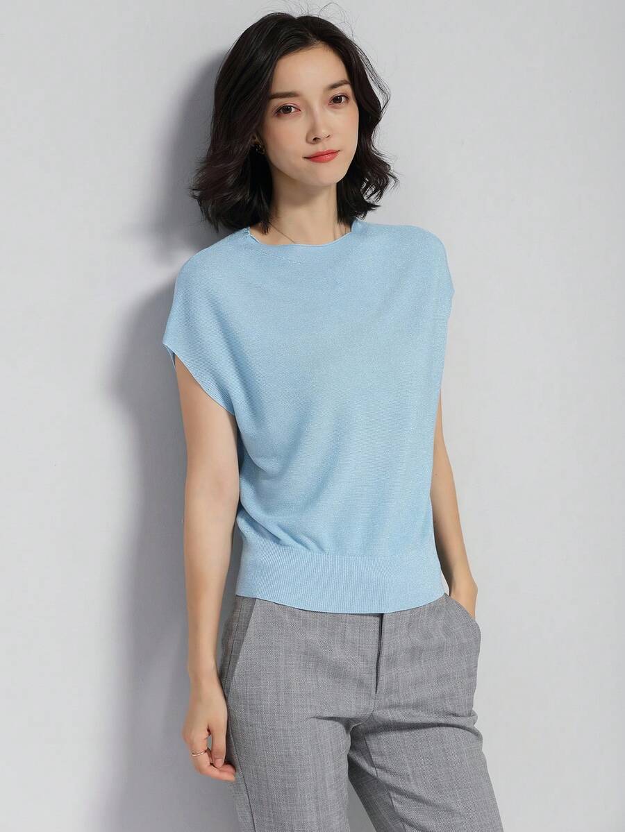 Plain Round Neck Short Sleeve Casual Knit Top, Summer - Baby Blue - View 1