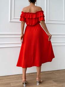 EURMUSE Off Shoulder Frill Knot Layered Gathering Dess - Red - View 2
