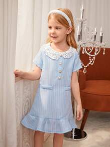 SHEIN Kleine Mädchen urban elegantes blaues Kleid mit Peter Pan Kragen, Spitze und kurzen Ärmeln für den Sommer