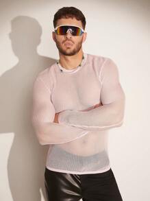 FeverCity Jersey transparente de manga larga y cuello redondo de unicolor para hombre, primavera/verano