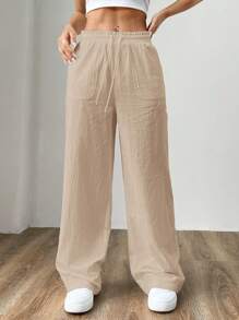 SHEIN EZwear 女士時尚夏季輕盈簡約卡其色編織寬腿褲 - 卡其色 - 查看 6