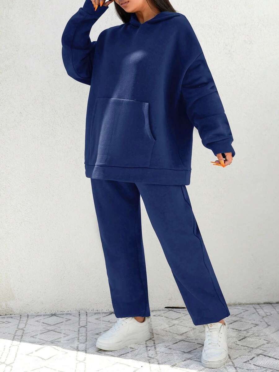 EURMUSE Của phụ nữ Kích thước lớn Màu thuần Thả vai Hoodie Và Quần thể thao Bộ - Màu xanh hải quân - Xem 1
