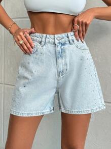 EURMUSE HIGH WAIST Rhinestone DETAILED  BLUE DENIM JEAN - 351 GR - Light Wash - View 6