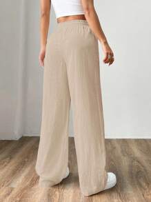 SHEIN EZwear 女士時尚夏季輕盈簡約卡其色編織寬腿褲 - 卡其色 - 查看 2