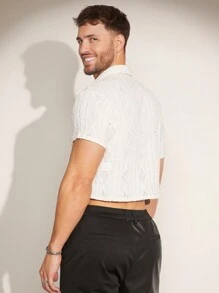 FeverCity Men's Summer Geometric Hidden Pattern Crop-Sleeved Casual Shirt - White - View 2