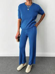 SHEIN Cottnline Women's Solid Color Short Sleeve Knit Top And Knit Pants Two-Piece Set - Blue - View 3