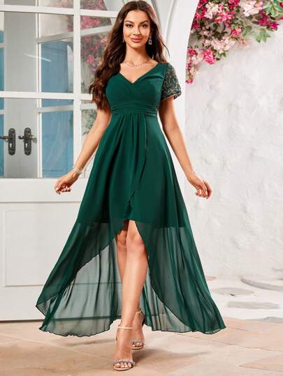 Contrast Lace V-neck High Low Hem Chiffon Bridesmaid Dress