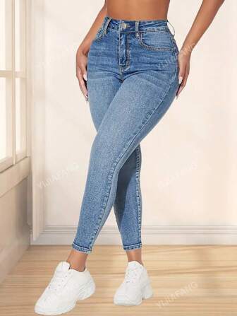 Women's Slim Fit Denim Pants With Pockets, Suitable For Daily Outings