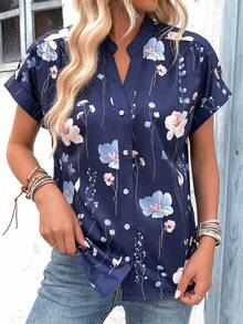 EMERY ROSE Cổ áo có nút phía trước in hoa Áo kiểu dáng rộng vừa vặn cho mùa hè - Màu xanh hải quân - Xem 4