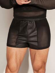 FeverCity Sexiga enfärgade elastiska lädershorts för män med nätkontrast sommar rave outfit Cool enfärgad svart fest