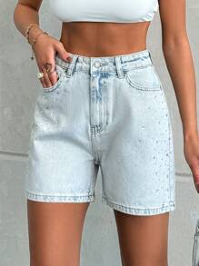 EURMUSE HIGH WAIST Rhinestone DETAILED  BLUE DENIM JEAN - 351 GR - Light Wash - View 5