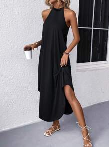 Vestido con cuello de halter y bajo asimétrico de unicolor para mujer