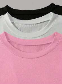 INAWLY Camiseta casual de manga corta de cuello redondo para mujer en unicolor de verano - Rosa - Ver 3