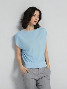 Plain Round Neck Short Sleeve Casual Knit Top, Summer - Baby Blue - View 4