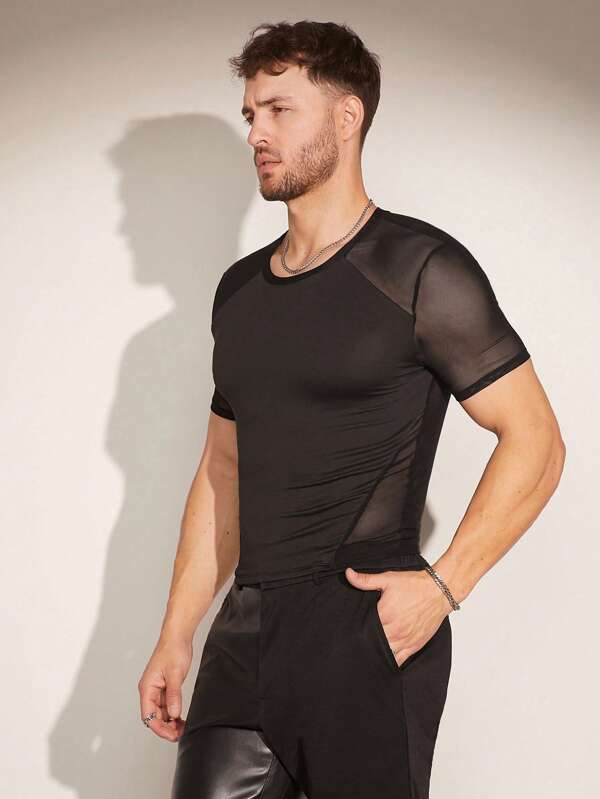 FeverCity Men's Solid Color Mesh Contrast Slim Fit T-Shirt For Summer