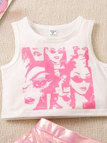 Set 2 bucăți drăguț pentru fete tinere, cu guler rotund, top cu imprimeu grafic și fustă plisată de culoare solidă pentru vară - Roz - Vizualizare 6