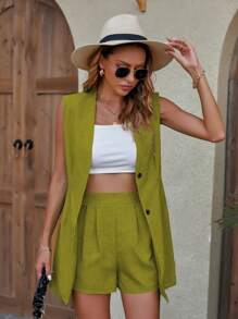 EMERY ROSE Women Solid Color Simple Daily Sleeveless Jacket + Shorts Suit