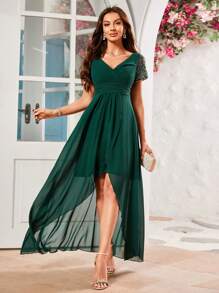 Contrast Lace V-neck High Low Hem Chiffon Bridesmaid Dress - Dark Green - View 8