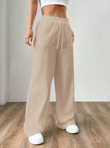 SHEIN EZwear 女士時尚夏季輕盈簡約卡其色編織寬腿褲 - 卡其色 - 查看 4