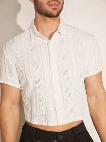 FeverCity Men's Summer Geometric Hidden Pattern Crop-Sleeved Casual Shirt - White - View 5