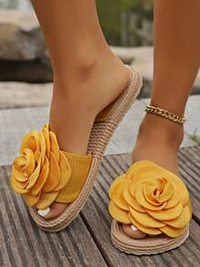 Women's Solid Color Elegant Sandals, Crisscross Straps Elastic Lightweight Flat Shoes, Yellow Flower Casual Beach Shoes - Yellow - View 7