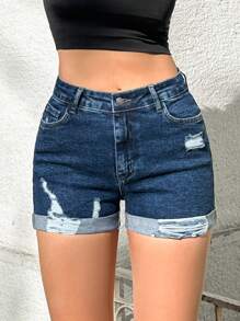 RueChic Elastic, Low Waist, Destroyed Short - Dark Wash - View 7