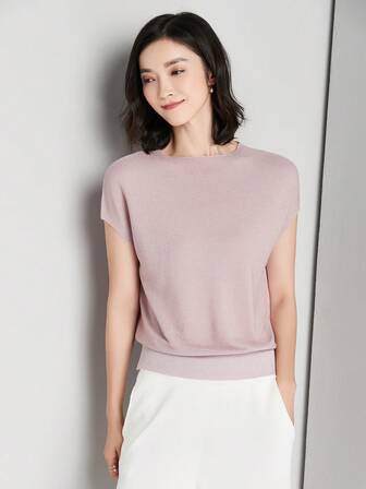 Women Solid Color Round Neck Batwing Short Sleeve Casual Knit Top, Summer