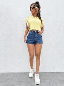 SHEIN EZwear 纯色圆领蝙蝠袖纹理T恤 - 黃色 - 查看 3